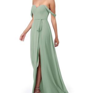 NWT Azazie Aaron Agave Chiffon Floor Length Dusty Sage Dress size L